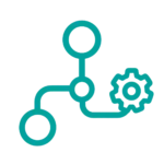Een eenvoudig blauwgroen pictogram dat een vertakt netwerk weergeeft met drie cirkels die door lijnen met elkaar zijn verbonden, en rechts een tandwielsymbool, dat staat voor procesautomatisering of workflow.