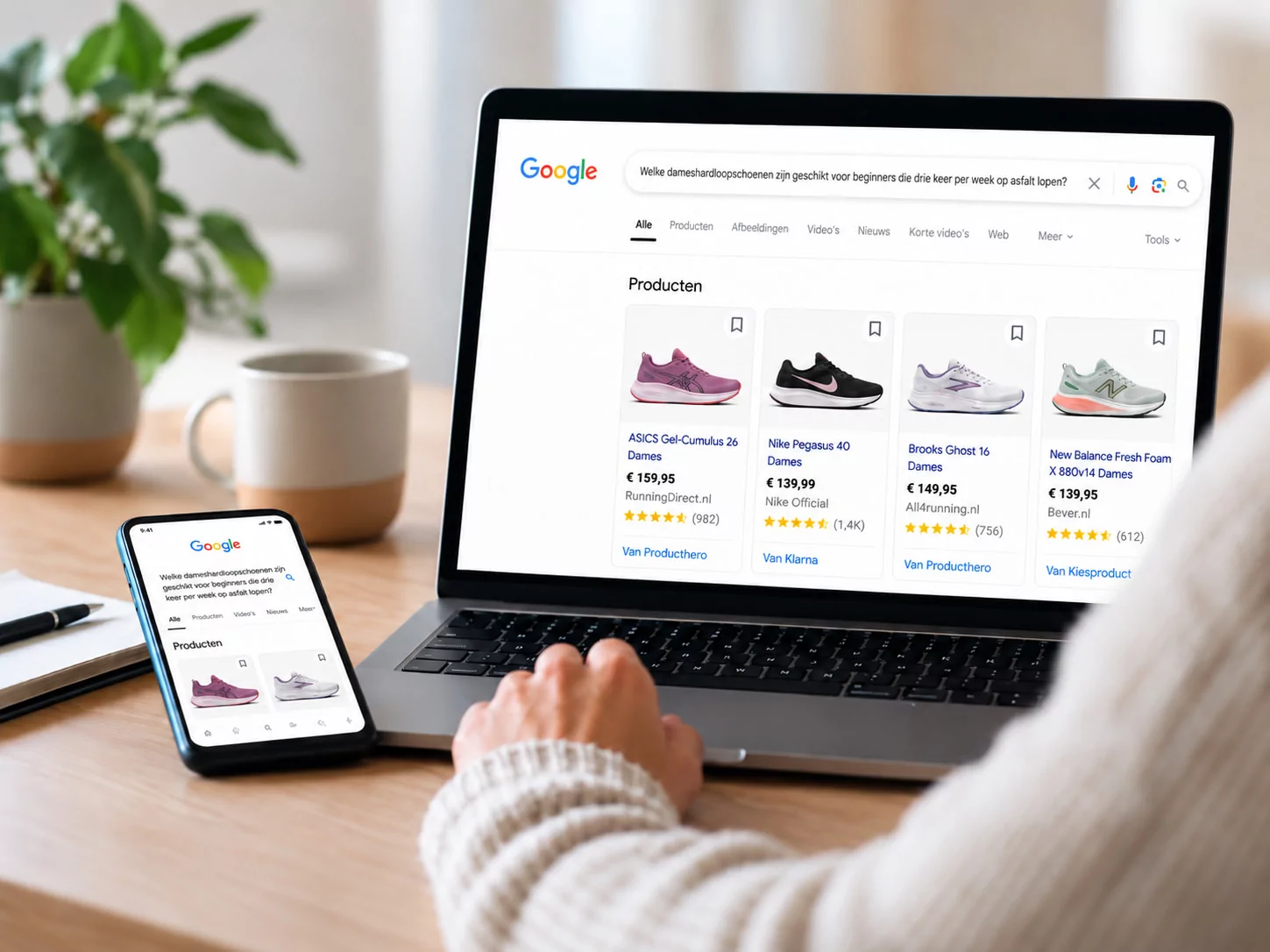 Iemand die met een laptop en een smartphone op Google een SEO-zoekopdracht uitvoert naar hardloopschoenen voor vrouwen.